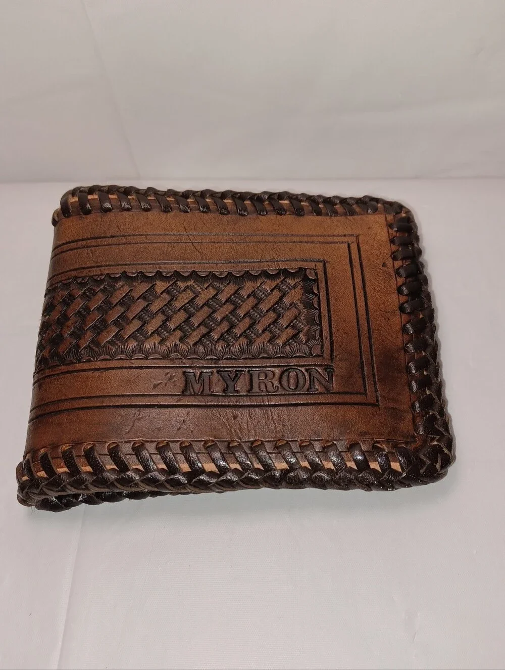 Brown Leather Men’s Wallet - Hand-Tooled Bifold.  MYRON  Embossed On Front